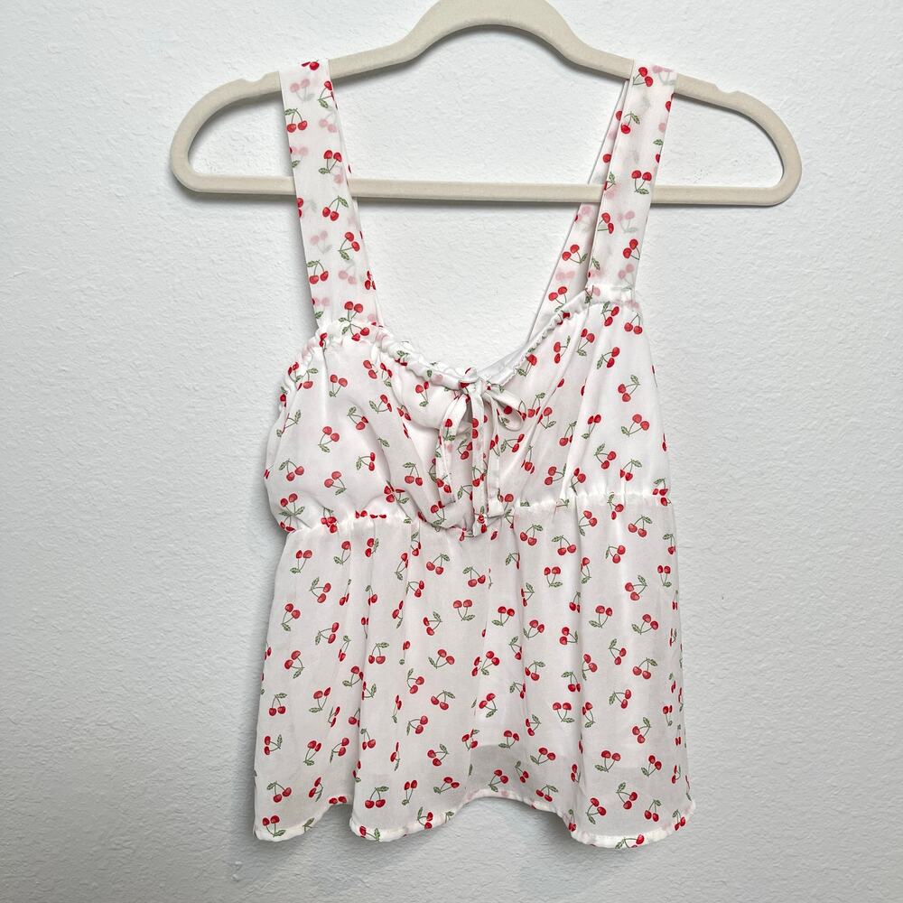 Sugarkiss Cherry Print Babydoll Tank Top White Red Tie Front Size Large